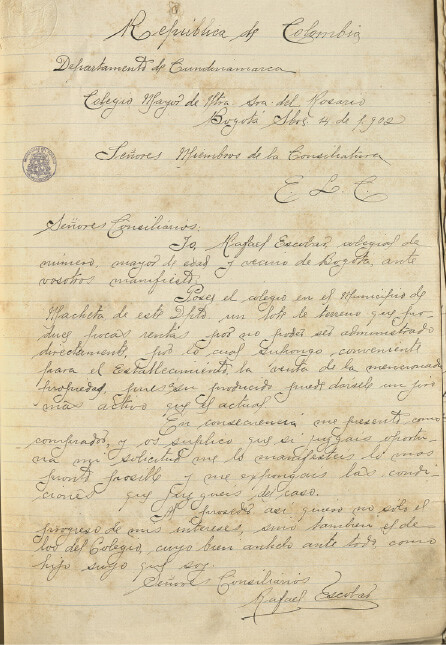 Carta del colegial Rafael Escobar, 1902. AHUR, Caja 77, folio 18