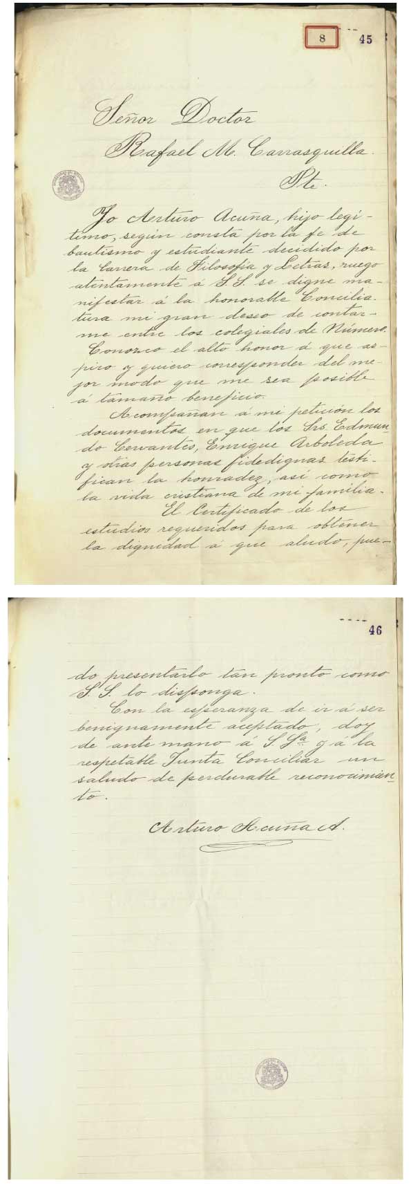 Carta dirigida al rector Rafael María Carrasquilla por parte del estudiante Arturo Acuña, 1903. AHUR, Caja 77, folio 45 y 46