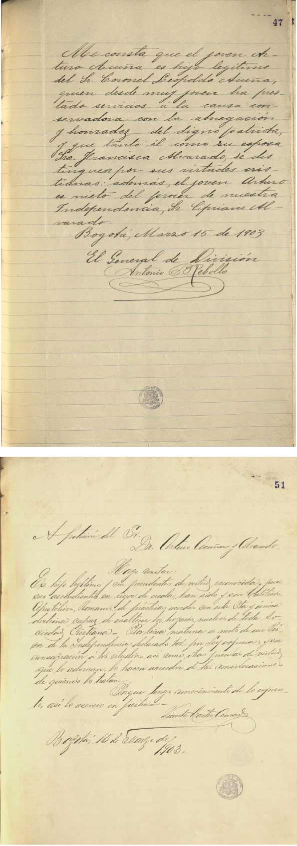 Documentos adjuntos del joven Arturo Acuña , 1903. AHUR, Caja 77, folio 47 y 51