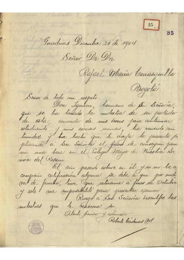 Carta dirigida a los consiliarios del Colegio Mayor del Rosario y archivos adjuntos del aspirante Tobías Madero, 1903.
AHUR, Caja 77, folio 41 y 44