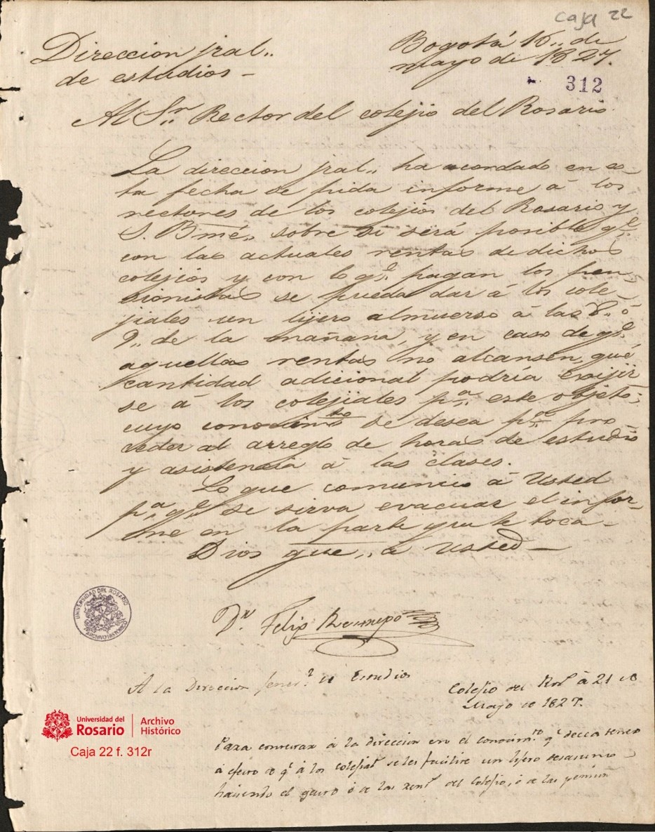 Consulta del Dr. Félix Restrepo, a nombre de la Dirección General de Estudios, 1827.