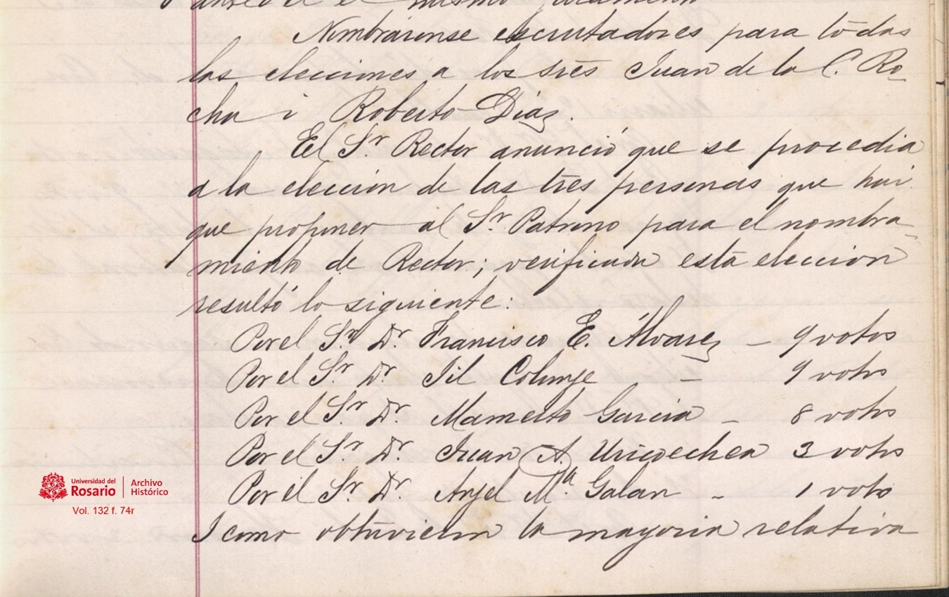 Escrutinio de elecciones para formar la terna de rector, 18-12-1874. Los tres primeros obtuvieron la mayoría relativa y fueron electos.