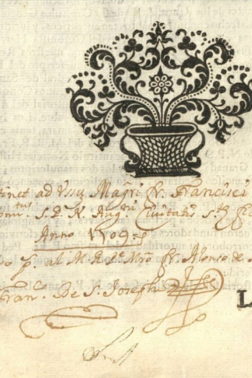 Marcas de propiedad de fray Francisco de San José, bajo una viñeta.