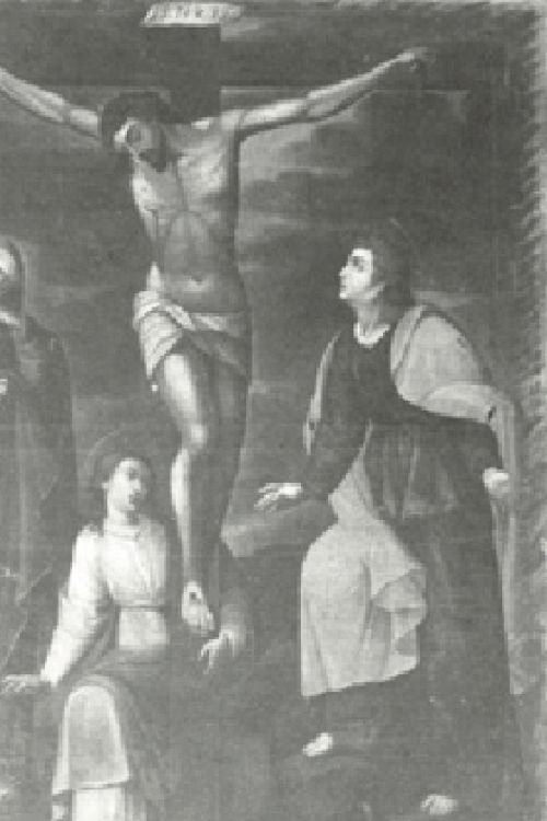 Fotografía de la pintura El Calvario, de Juan Bautista Vasquez Ceballos y su marco Capilla La Bordadita. Fotografía tomada para el Catálogo realizado por Francisco Gil Tovar, hacia 1982. Colección del Archivo Histórico de la Universidad del Rosario, ALB 07.2 FOT 071